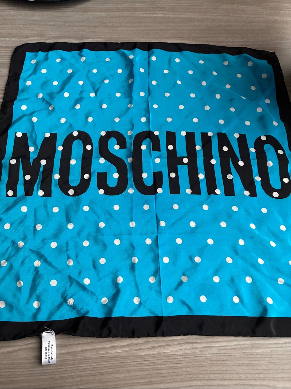 Moschino Turquoise Blue Polka Dot Throw with Black Logo Border